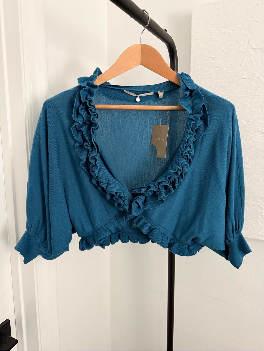 Anthropologie Teal Cropped Ruffle Cardigan